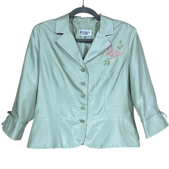 Vintage Studio I Petite 12P Green Satin Blazer Beaded Butterfly Formal Jacket - Picture 1 of 12